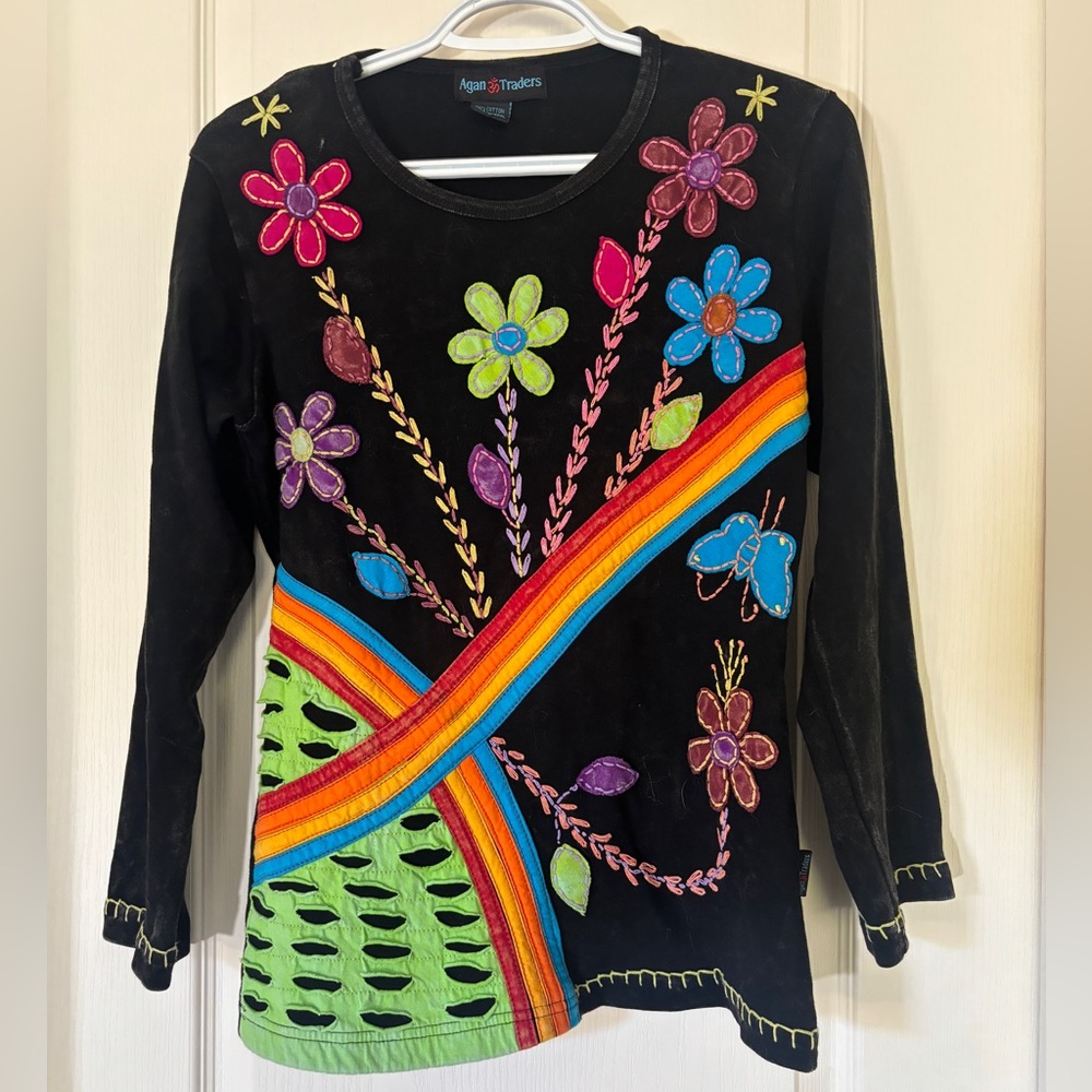 Agan Traders Embroidered Floral Rainbow Top Size Small